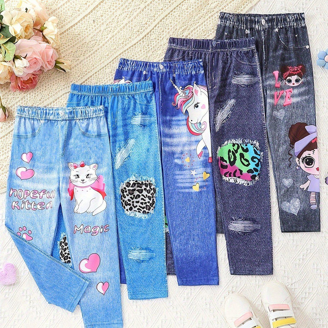 Girls 5pcs/set Trendy & Casual & Soft Allover Imitation Denim Print Pants For Spring & Fall-Bennys Beauty World