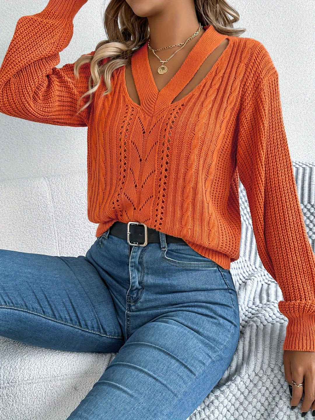 Solid Cut Out V Neck Sweater, Casual Long Sleeve Hollow Out Sweater For Fall & Winter, Women's Clothing-Bennys Beauty World