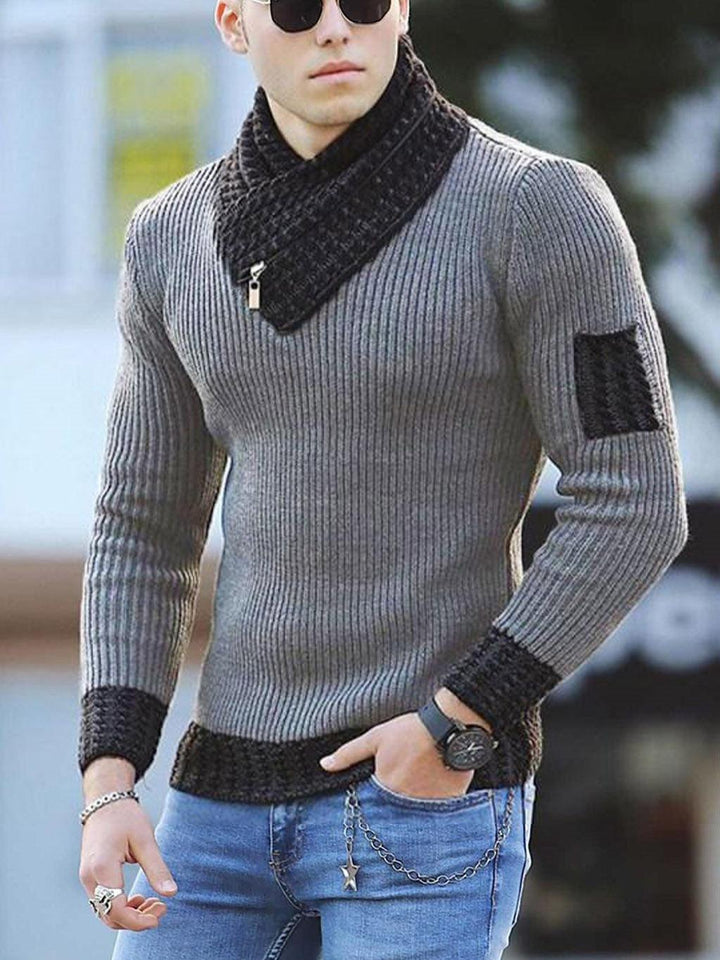 Men's Casual Slim Knit Pullover Long-sleeved Scarf Collar Sweater-Shirts-Bennys Beauty World