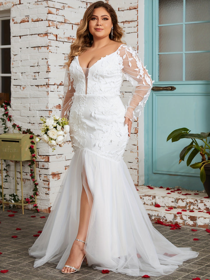 Floral Pattern Mesh Stitching Wedding Dress