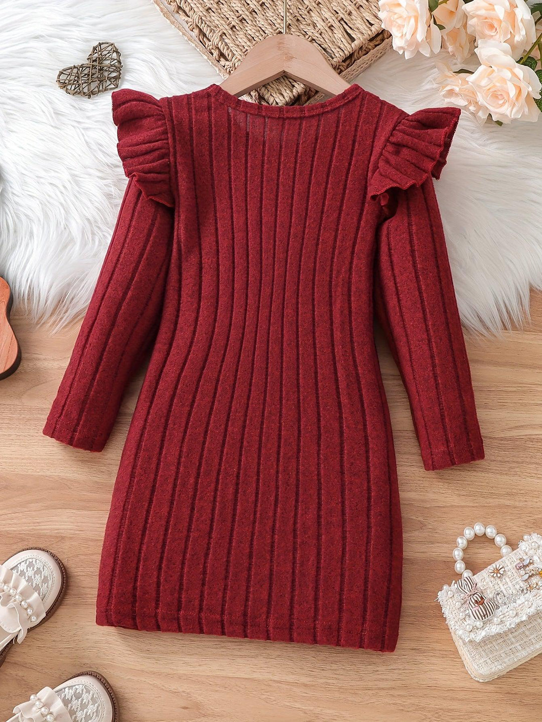 Girls Elegant Dresses, Long Ruffle Sleeve Bow Decor Ribbed Dress For Spring & Fall, Perfect For Dinner Party, As Gifts-Bennys Beauty World