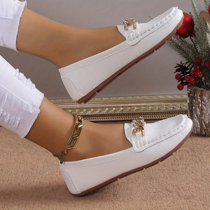 Elegant Women's White Loafers with Golden Chain Detail