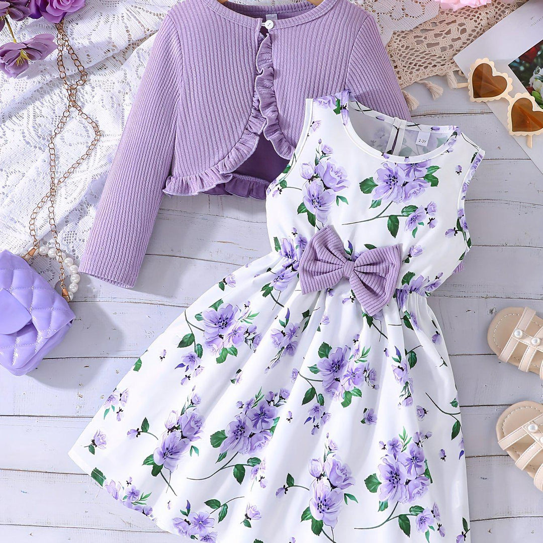 1 set 2pcs Elegant Floral Sleeveless Dress & Long Sleeve Cardigan Set for Girls, Spring/Fall Fashion & Comfort-Bennys Beauty World