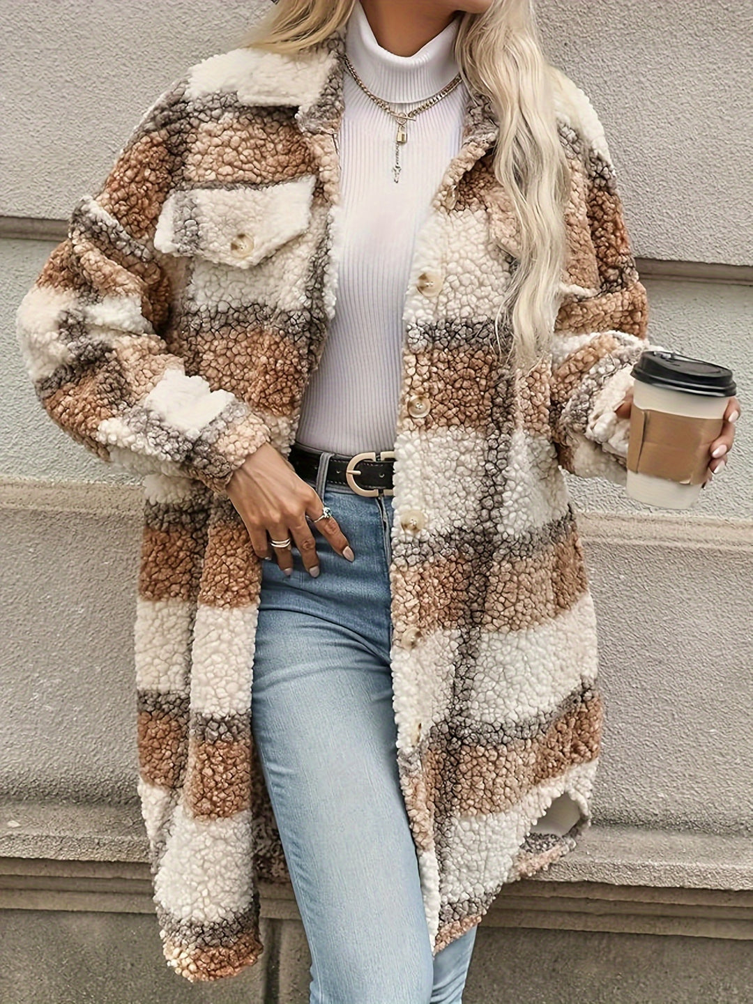 Cozy Plaid Fuzzy Jacket - Stylish Long Sleeve Coat for Fall & Winter-Bennys Beauty World