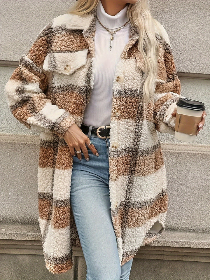 Cozy Plaid Fuzzy Jacket - Stylish Long Sleeve Coat for Fall & Winter-Bennys Beauty World