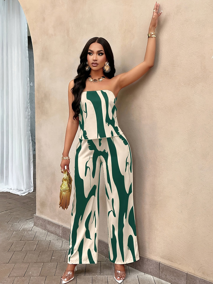 Color Block Stylish Pantsuits, Backless Sleeveless Tube Top & Wide Leg Pants Outfits, Women's Clothing-Bennys Beauty World