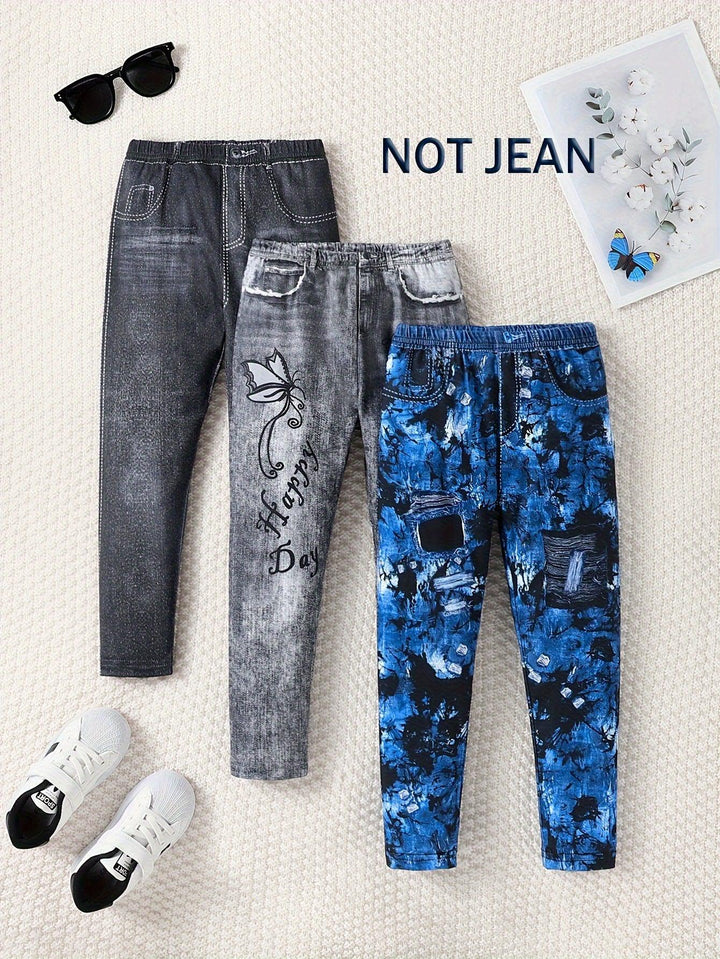 3 Packs Lightweight Thin Leggings Set Faux Denim Print Pants Kids Clothes Gift Spring Fall, As Christmas Gifts-Bennys Beauty World