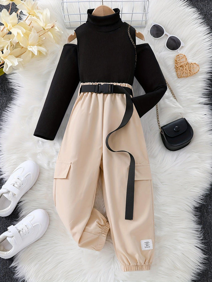 Girls' Chic 2pcs Set: Off-Shoulder Turtleneck & Apricot Cargo Pants with Belt - Perfect for Spring/Fall, Casual or Special Occasions-Bennys Beauty World