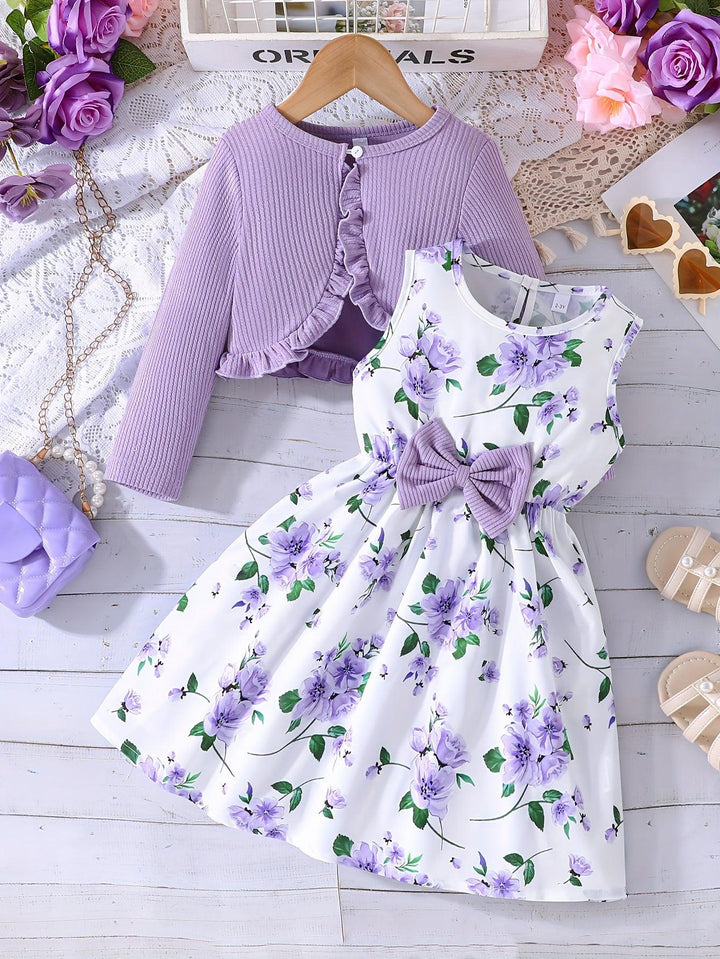 1 set 2pcs Elegant Floral Sleeveless Dress & Long Sleeve Cardigan Set for Girls, Spring/Fall Fashion & Comfort-Bennys Beauty World