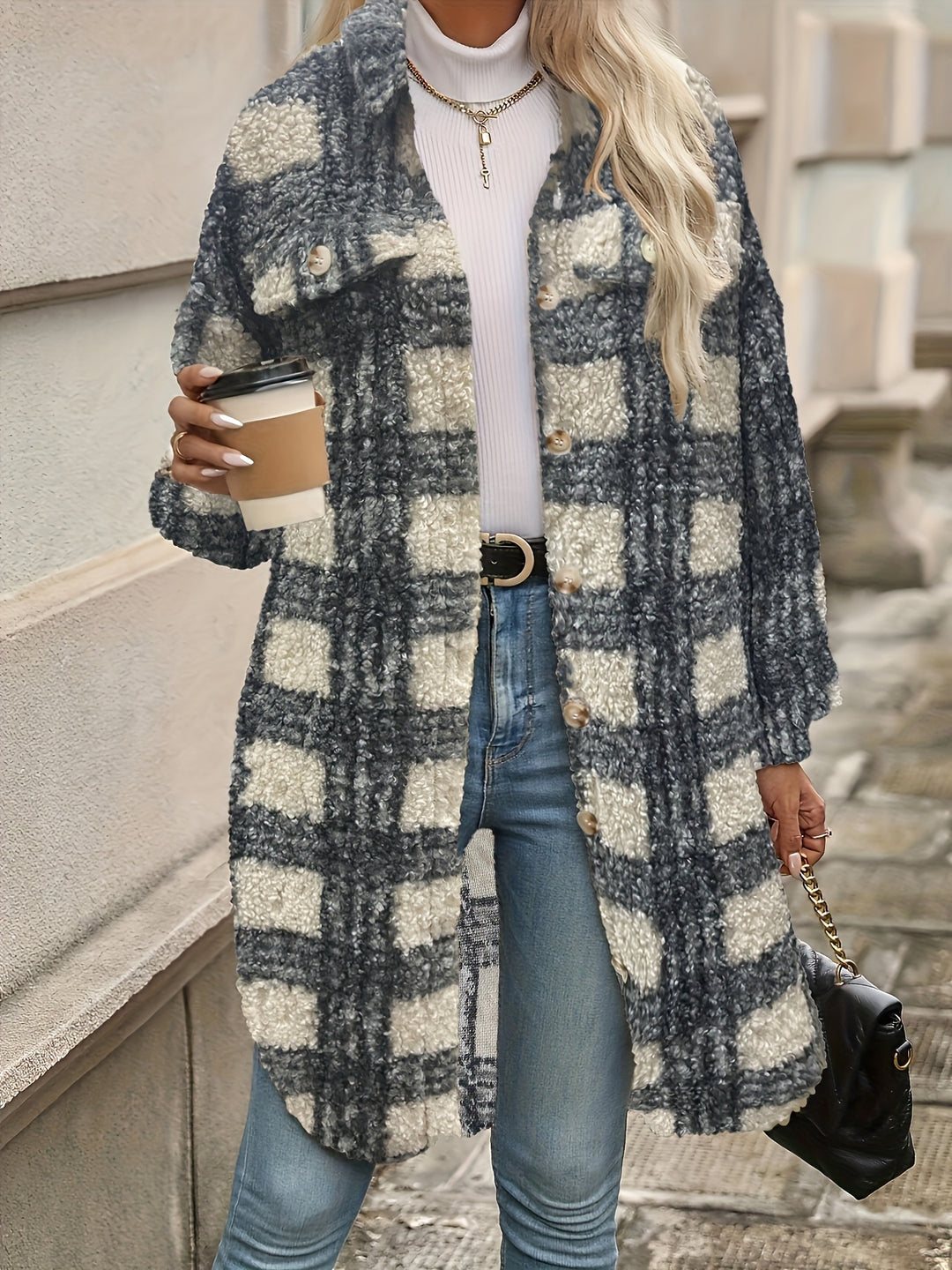 Cozy Plaid Fuzzy Jacket - Stylish Long Sleeve Coat for Fall & Winter-Bennys Beauty World