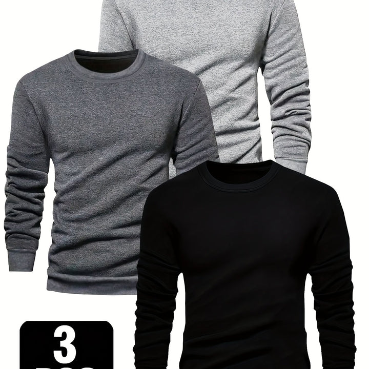3-Pack Men'S Crew Neck Long Sleeve Knit Sweatshirts | Casual Style, Solid Color, Regular Fit