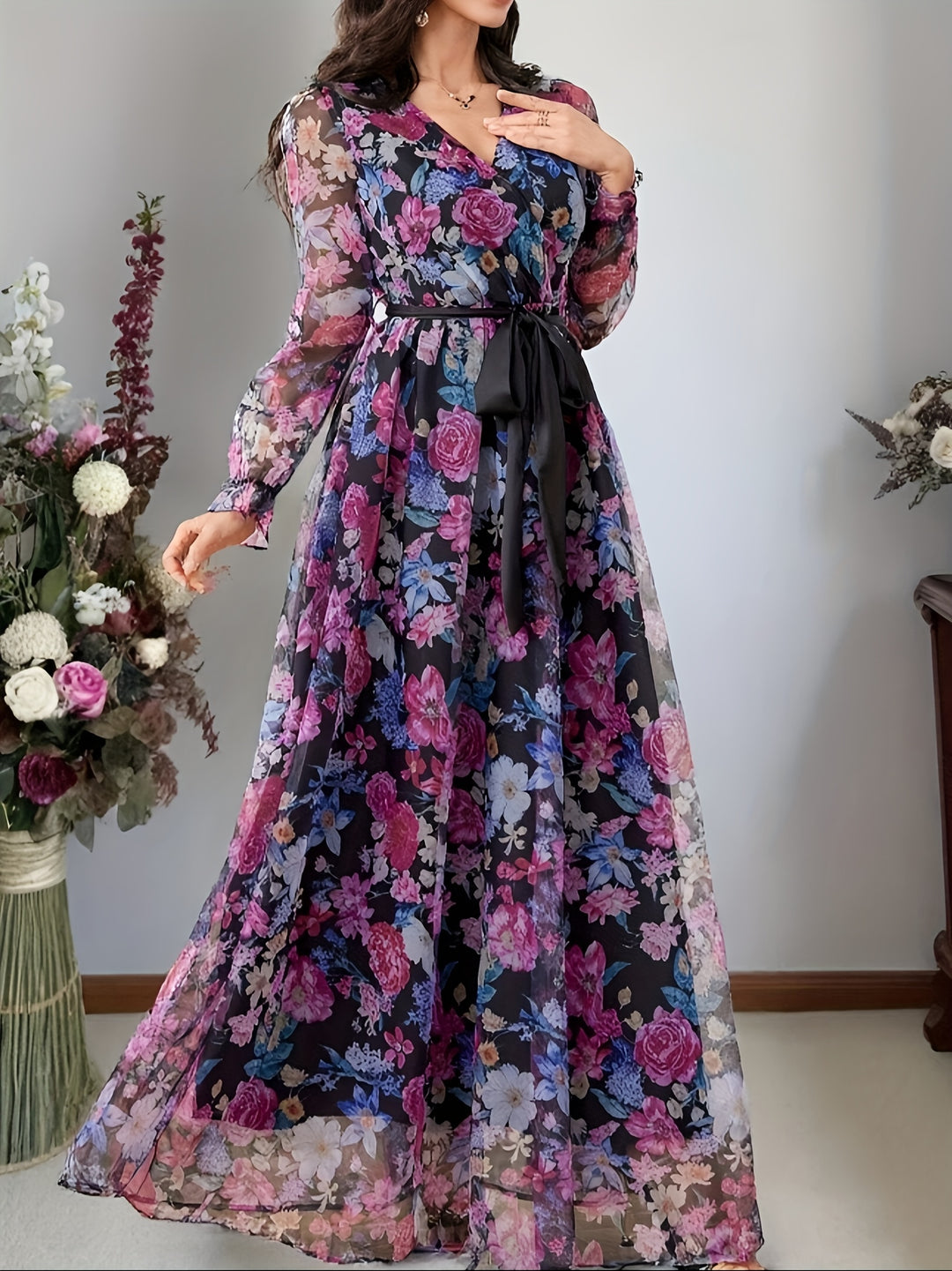 New elegant ladies cross collar lantern long sleeve dress