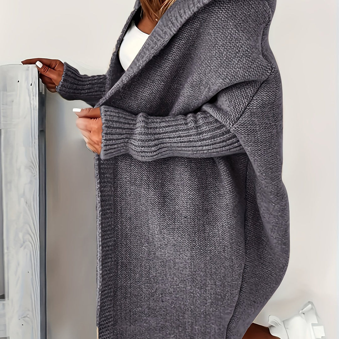 Plus Size Solid Color Hooded Open Front Cardigan, Casual Long Sleeve Knitted Cardigan, Women's Plus Size Clothing-Bennys Beauty World