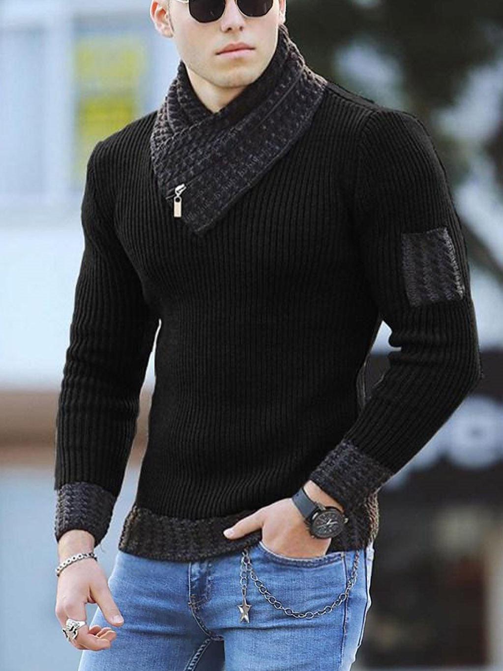 Men's Casual Slim Knit Pullover Long-sleeved Scarf Collar Sweater-Shirts-Bennys Beauty World