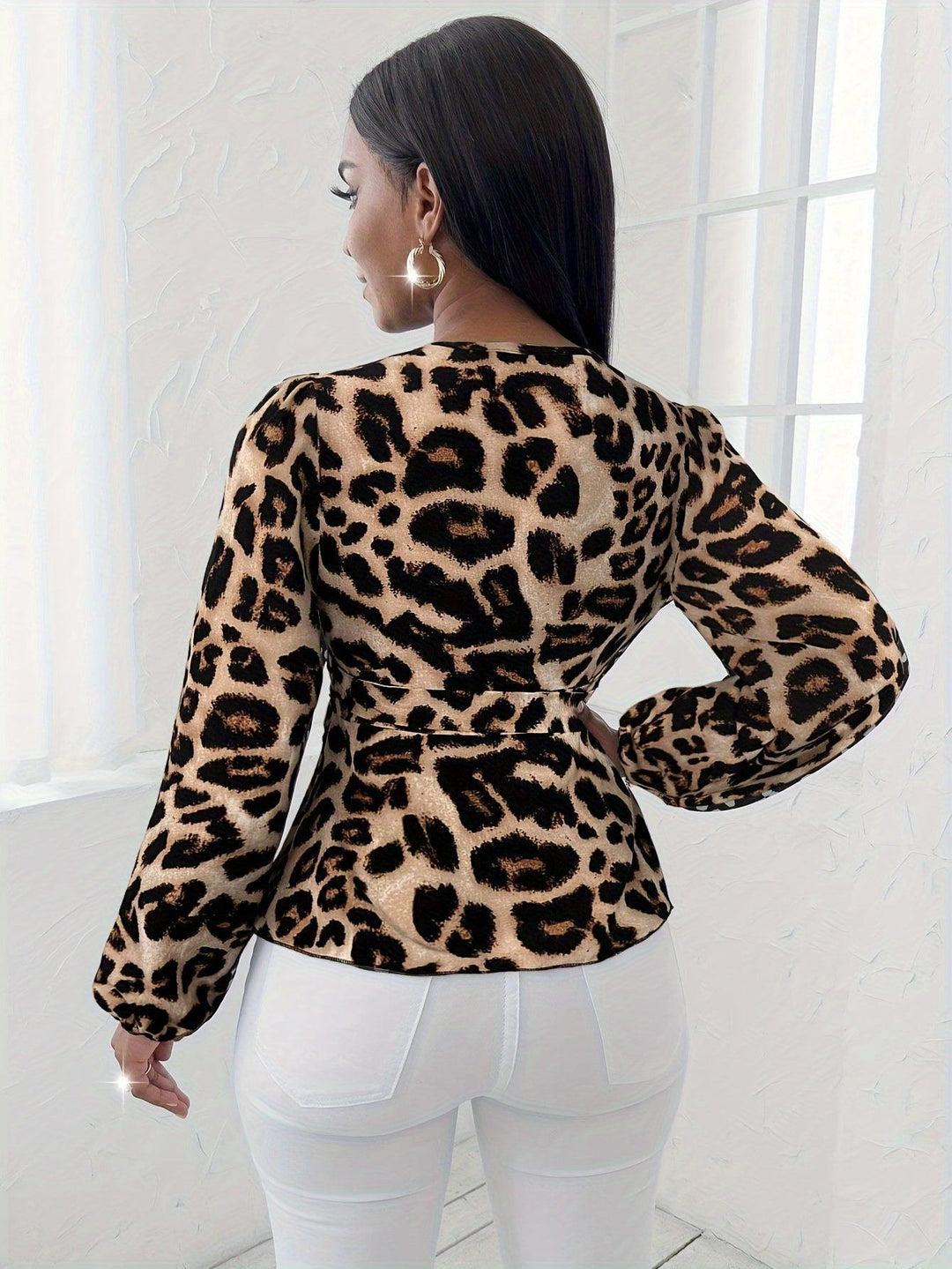 Leopard Print Peplum Top Print V-Neck Blouse-Blouse-Bennys Beauty World