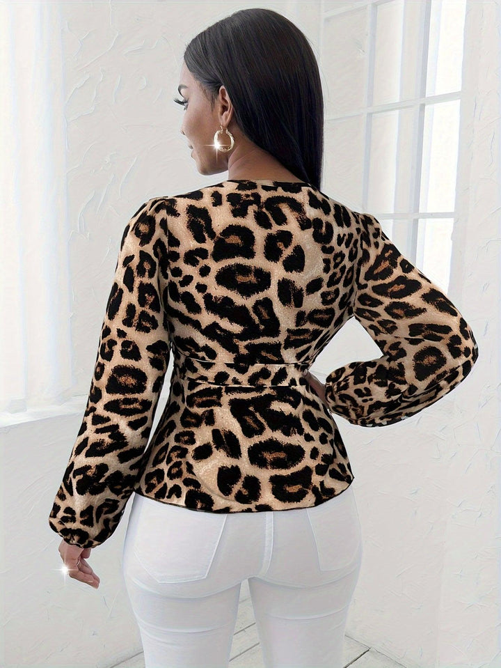 Leopard Print Peplum Top Print V-Neck Blouse-Blouse-Bennys Beauty World