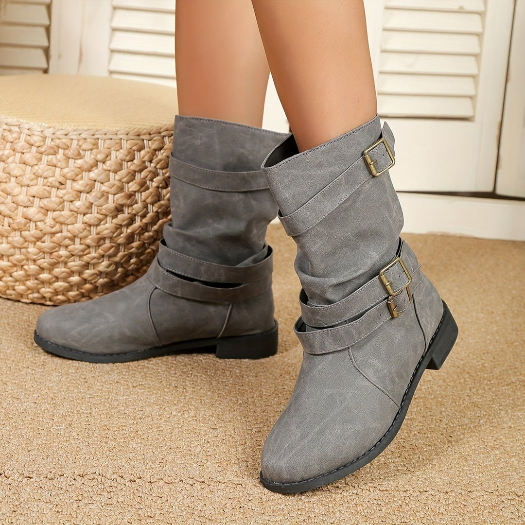 Mid Calf Ruched Buckle Solid Color Retro Ankle Boots For Women Cowboy Boots - Bennys Beauty World