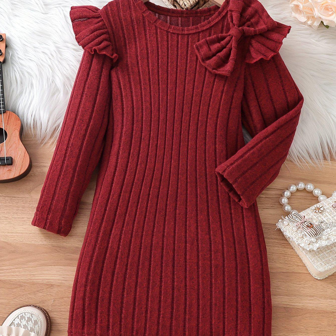 Girls Elegant Dresses, Long Ruffle Sleeve Bow Decor Ribbed Dress For Spring & Fall, Perfect For Dinner Party, As Gifts-Bennys Beauty World