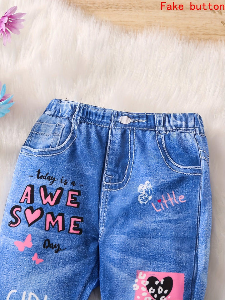 'Girl With Scarf' Cartoon Pattern Girls Imitation Denim Print Stretch Flare Leg Trousers For Spring And Fall (Not Jeans)-Bennys Beauty World