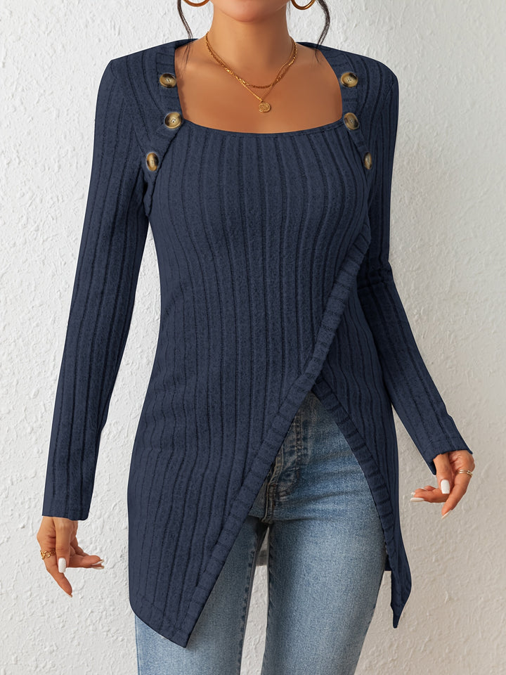 Casual Ribbed Long Sleeve Top For Spring & Fall-blouses-Bennys Beauty World