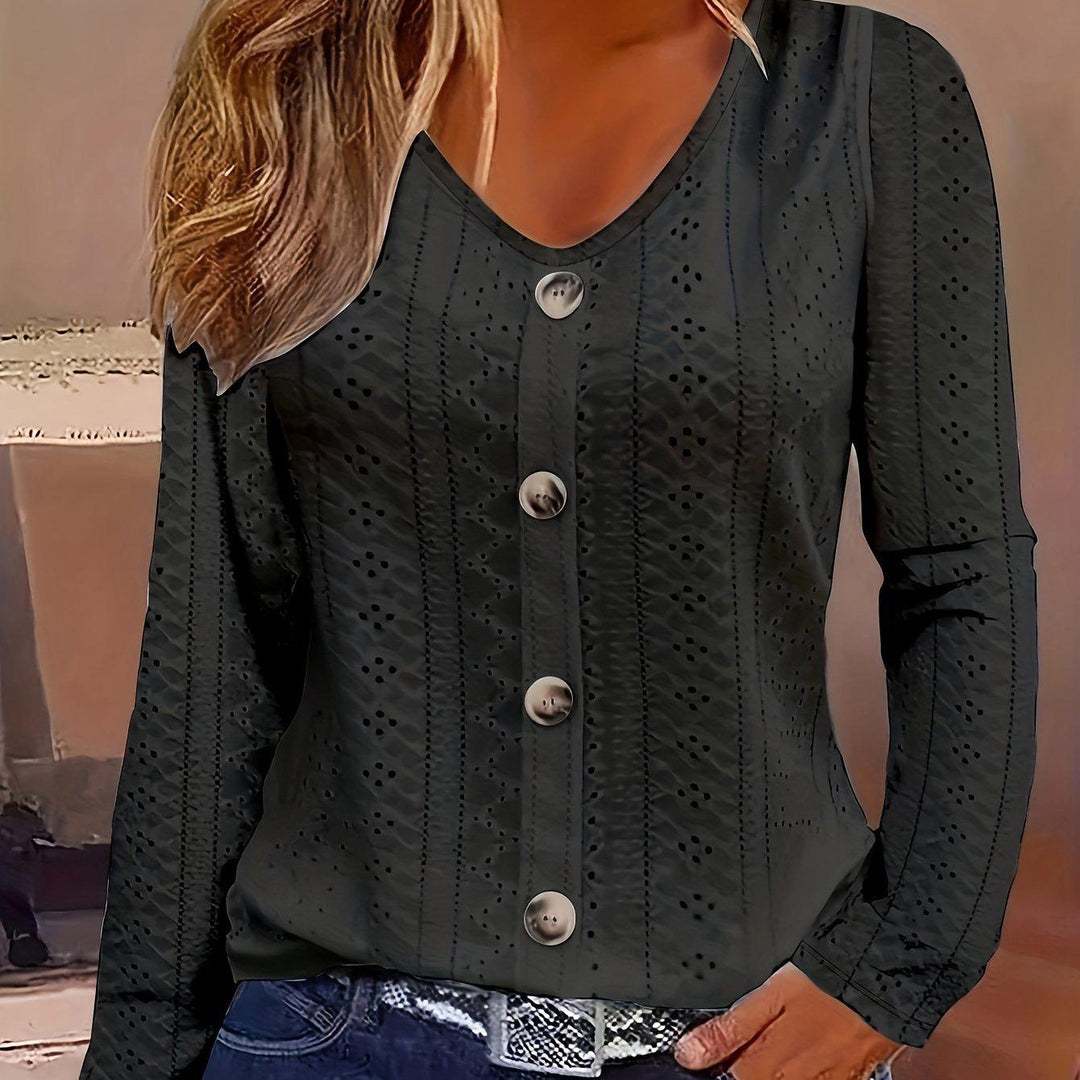 Eyelet Solid Blouse, Casual Button Front V Neck Long Sleeve Blouse, Women's Clothing-Bennys Beauty World