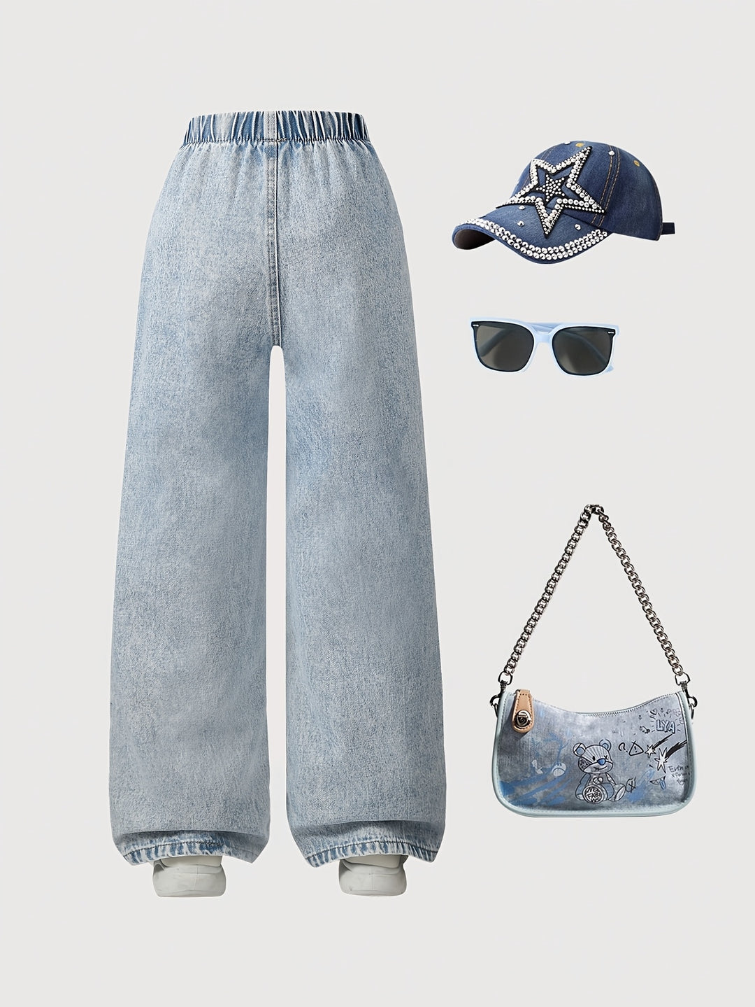 Casual Loose-Fit High-Waist Cat Print Jeans