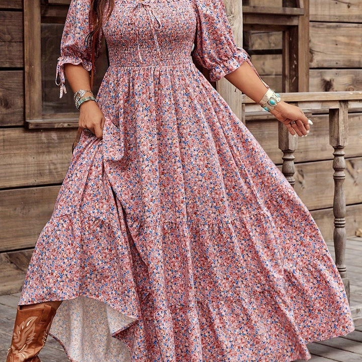 Floral Print Square Neck Lantern Sleeve Dress