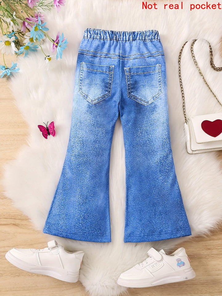 'Girl With Scarf' Cartoon Pattern Girls Imitation Denim Print Stretch Flare Leg Trousers For Spring And Fall (Not Jeans)-Bennys Beauty World