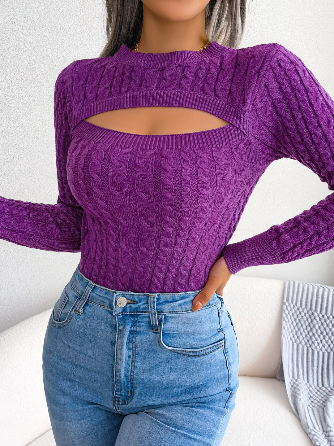 Women's Hollow-Out Knit Pullover Sweater Long Sleeve Crew Neck Top