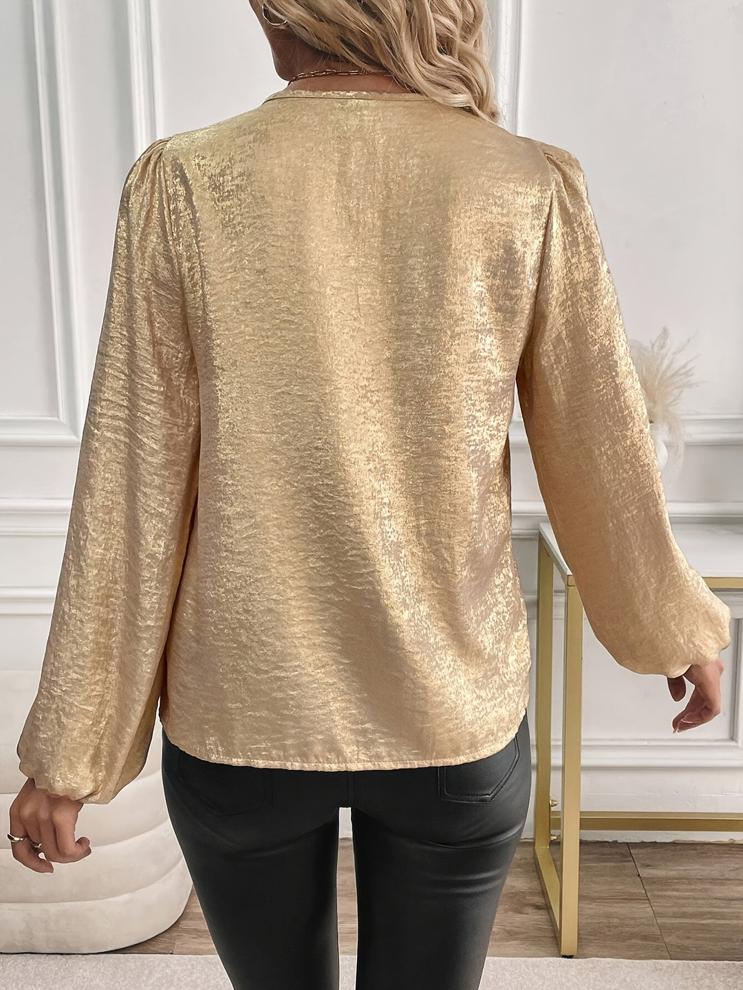 Metallic Color Button Front Blouse Women's Clothing-Bennys Beauty World