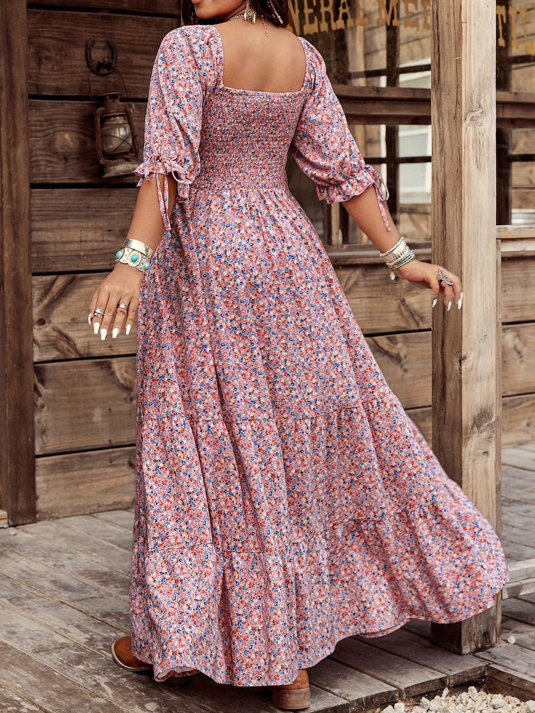 Floral Print Square Neck Lantern Sleeve Dress