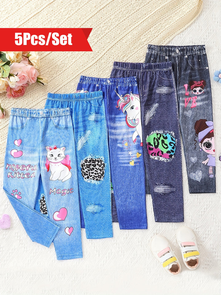 Girls 5pcs/set Trendy & Casual & Soft Allover Imitation Denim Print Pants For Spring & Fall-Bennys Beauty World