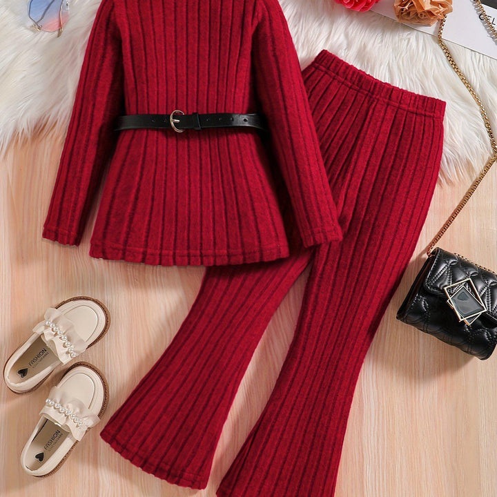 Elegant 2pcs Girls' Outfit Set - Soft Knit Turtleneck Top with Belt & Flared Pants, Perfect for Fall/Winter-Bennys Beauty World