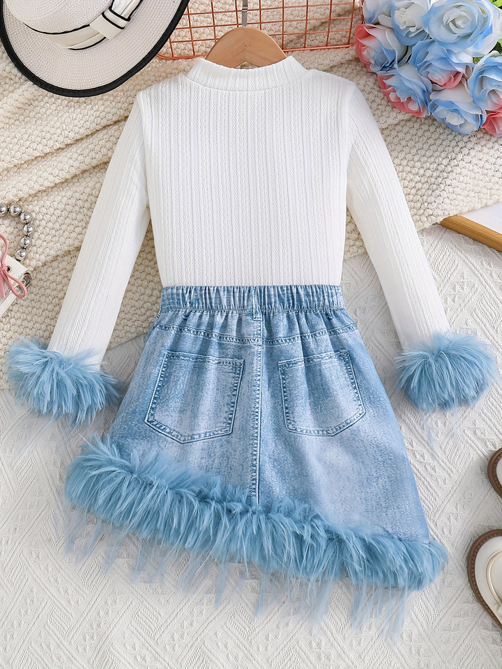 2pcs/set, Girls Elegant Furry Cuffs Long Sleeve Knit Top + Irregular Skirt - Spring/Fall Clothes, Casual Wear, Party, Gift-Bennys Beauty World