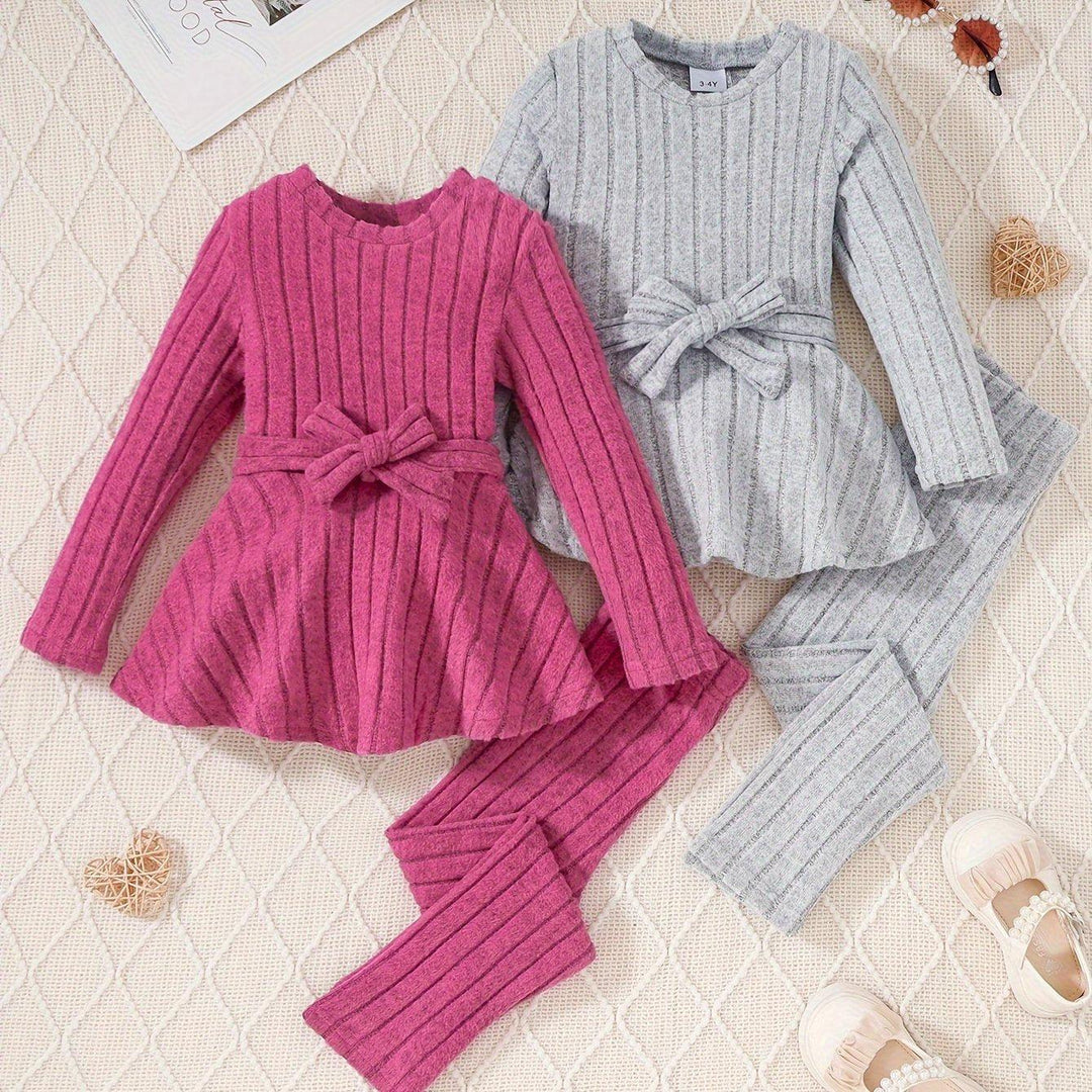 Girl's 2 Sets, Rib-knit Long Sleeve Peplum Tee + Pants 2-Piece Casual Girls Clothes-Bennys Beauty World