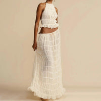 2pcs Women's Dress Suit Sexy Sleeveless Backless Cropped Halter Top And Pleated Long Dress-dress-Bennys Beauty World