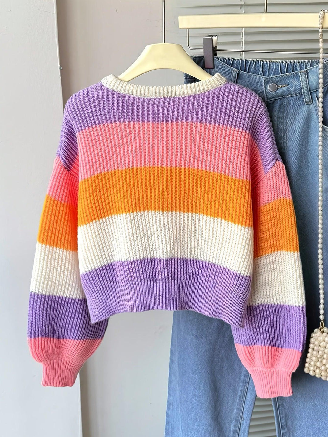 Multicolor Striped Knit Pullover Rainbow Color Crew Neck Sweater