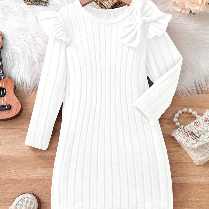 Girls Elegant Dresses, Long Ruffle Sleeve Bow Decor Ribbed Dress For Spring & Fall, Perfect For Dinner Party, As Gifts-Bennys Beauty World