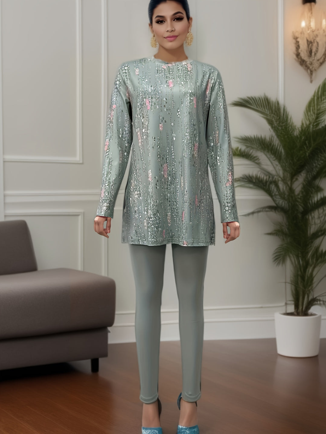 Trendy Allover Print Long Sleeve T-Shirt and Slim Pants Set for Women-Bennys Beauty World