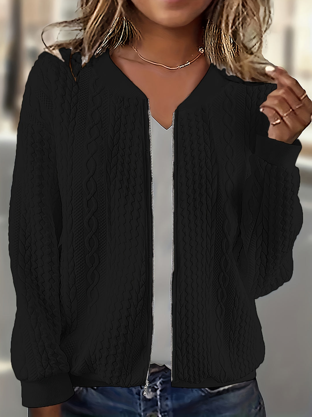 Womens Textured Zip-Up Bomber Jacket-Jacket-Bennys Beauty World