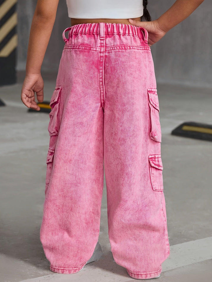 Girl Fashion Pink Denim Jeans, Loose Wide-Leg Pants