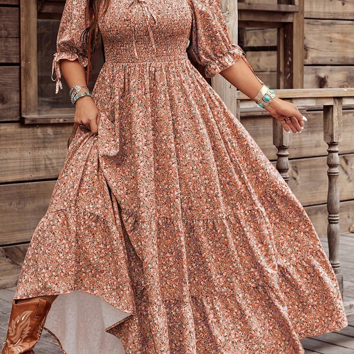 Floral Print Square Neck Lantern Sleeve Dress