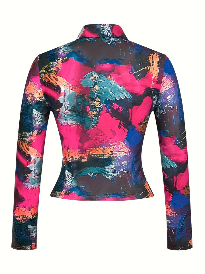 Women's Fashionable Plaid Long Sleeve Top with Deep V-Neck