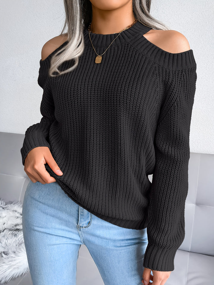 Solid Crew Neck Knit Sweater, Casual Long Sleeve Cold Shoulder Sweater, Women's Clothing-Bennys Beauty World