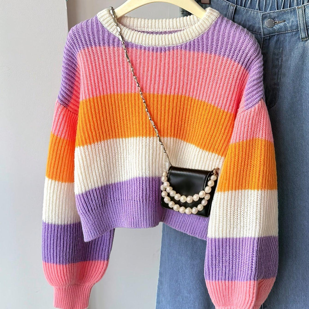 Multicolor Striped Knit Pullover Rainbow Color Crew Neck Sweater