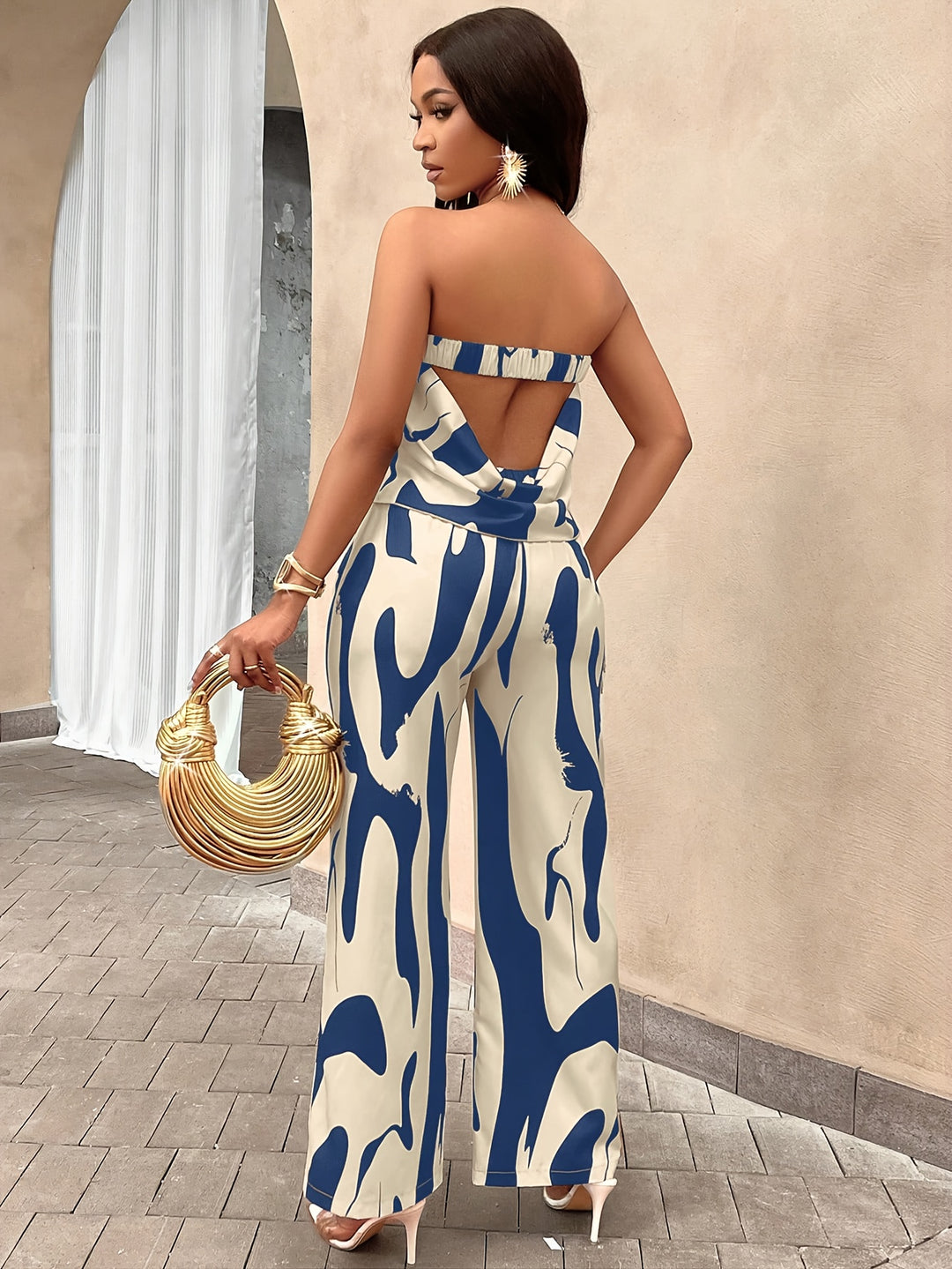 Color Block Stylish Pantsuits, Backless Sleeveless Tube Top & Wide Leg Pants Outfits, Women's Clothing-Bennys Beauty World