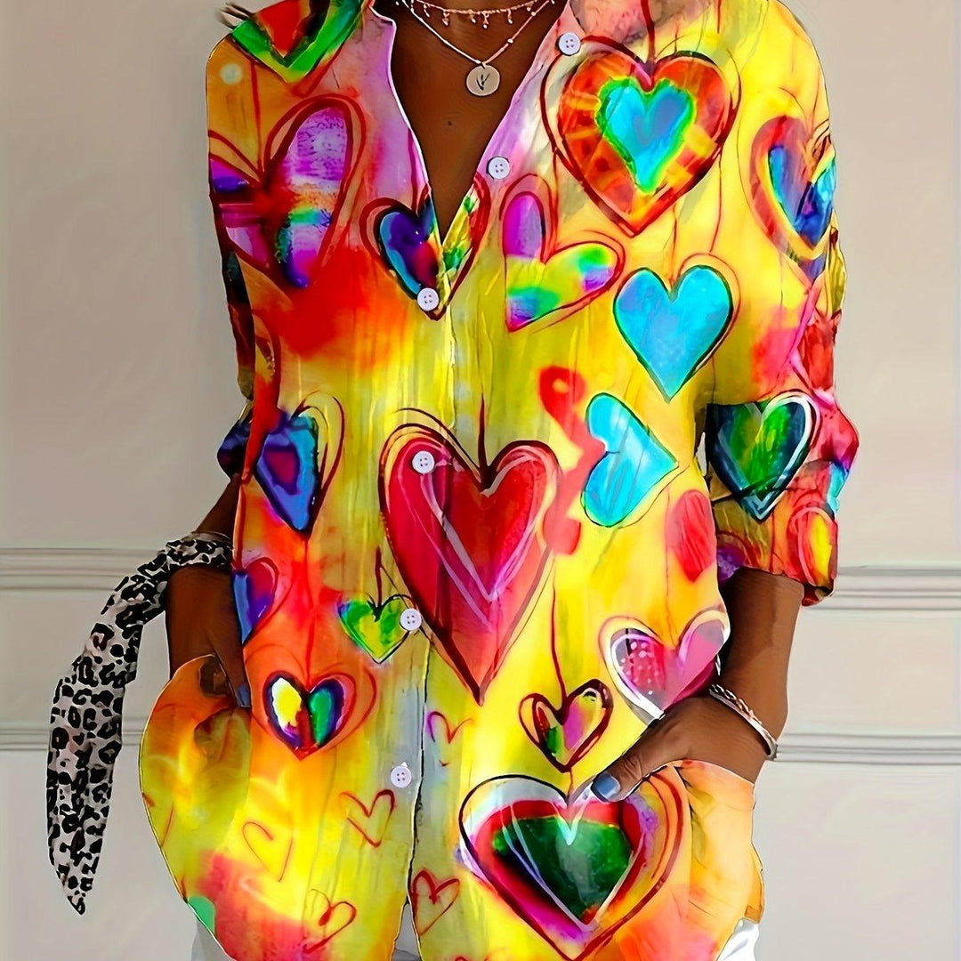 Mother's Day Heart Print Floral Blouse-Blouse-Bennys Beauty World
