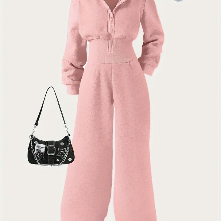 Autumn Girls' Simple Casual Style Knitted Zipper Sweatshirt Hooded Jumpsuit, Perfect for Outdoor