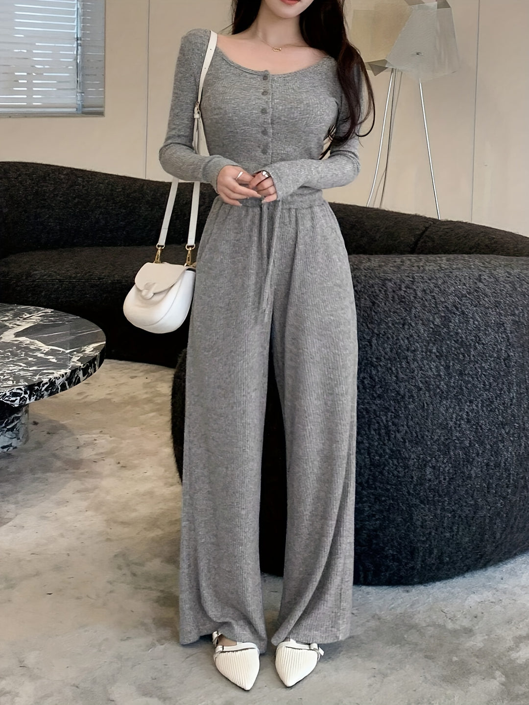 Elegant Knit Polyester Pantsuit Set with Crew Neck Long Sleeve Top and Straight-Leg Trousers, 95% Polyester 5% Elastane Solid Color, Pocket Detail, Mutton Sleeve - All Season Wear-Bennys Beauty World