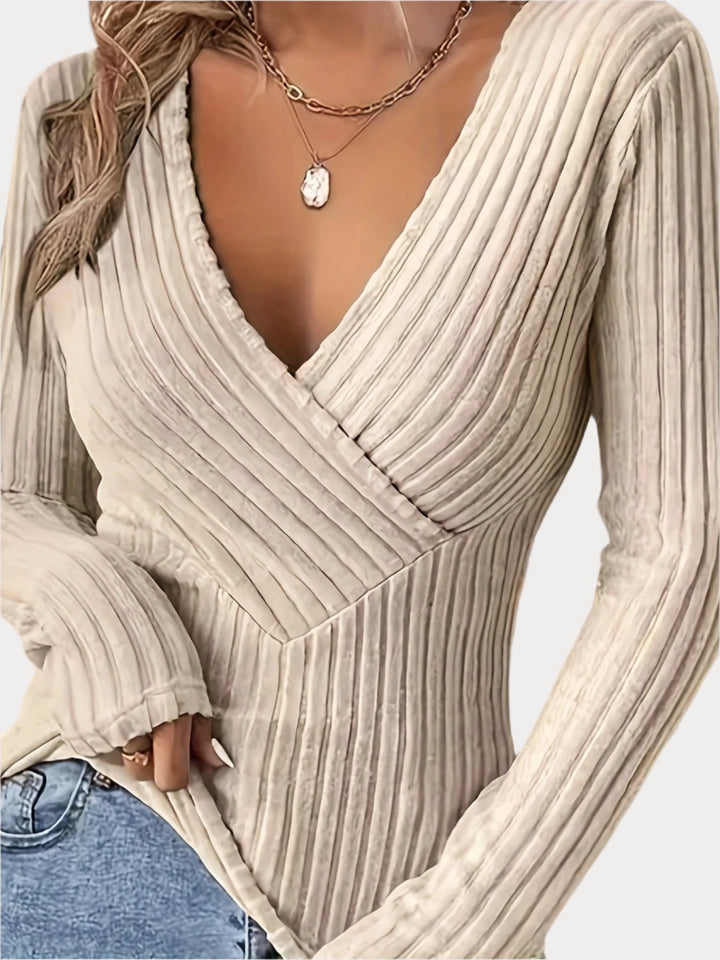 Casual V Neck Long Sleeve T-Shirt-Bennys Beauty World